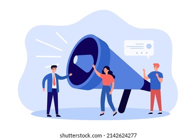 Business people announcing loud message through megaphone. Tiny characters drawing attention to news flat vector illustration. Warning content concept for banner, website design or landing web page