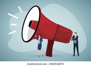 Business people announcing loud message through megaphone. Tiny characters drawing attention to news flat vector illustration. Warning content concept for banner, website design or landing web page