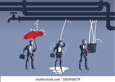 Business People Anticipate Water Coming Out of Leaking Pipes Blue Collar Conceptual Illustration
