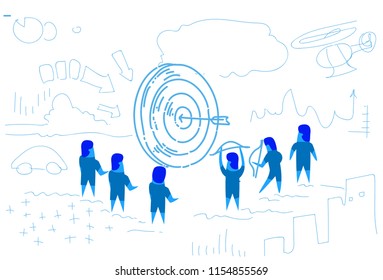 business people around arrow hitting target center of dartboard success concept business men brainstorming sketch doodle vector illustration