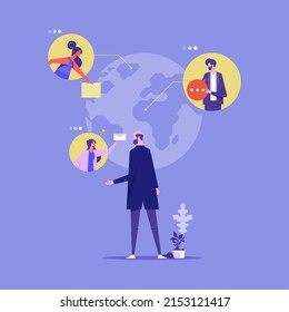Business people around world map on globe working with online computer, international company or global business concept, People who communicate with each other