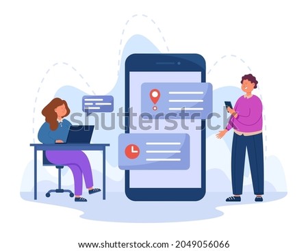 Business people arranging appointment in digital booking app. Mobile screen with date and place, application interface flat vector illustration. Modern technology, internet concept for banner