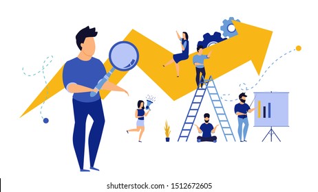 Business people with arrow analytics vector financial performance teamwork. Man and woman advertising boost work job marketing. Concept illustration office group employee. Career banner leader boss