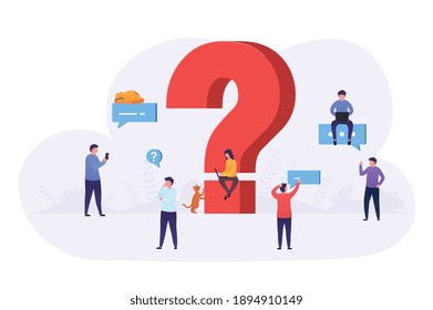 Business People Ask Questions Using Laptop, Phone, Look For Answers Around Large Question Mark. Concept Of Frequently Asked Questions, Information Retrieval.