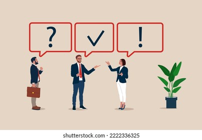 Business people asking question and answer to solve problem. Communication or team brainstorm. Business advice or help and support service. FAQ, solution to solve problem. Flat vector illustration.