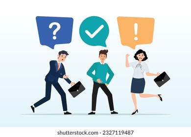 Business people asking question and answer to solve problem, FAQ, question and answer, solution to solve problem, business advice or help and support service, communication or team brainstorm (Vector)