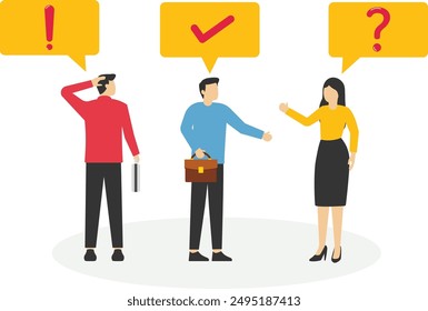 Geschäftsleute stellen Fragen und Antworten, um das Problem zu lösen. Kommunikation oder Team-Brainstorming. Unternehmensberatung oder Hilfe und Support-Service. FAQ, Lösung zum Problem. Flache Vektorillustration.


