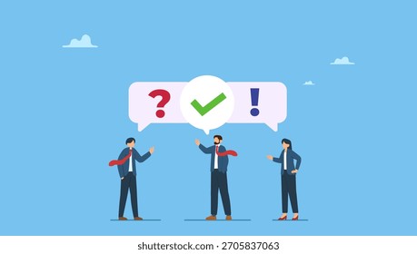 Gente de negocios haciendo preguntas y respuestas para resolver el problema. Preguntas frecuentes, preguntas y respuestas, solución para solucionar problemas, asesoramiento empresarial o servicio de ayuda y Asistencia, comunicación o tormenta de ideas en equipo.
