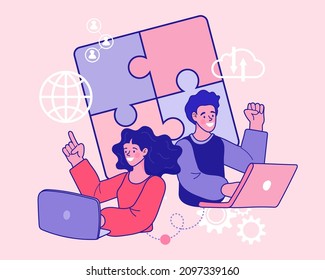 Business people assembling jigsaw puzzle and represent team support. Concept of teamwork, business cooperation, collective project work. Modern flat colorful vector outline illustration.