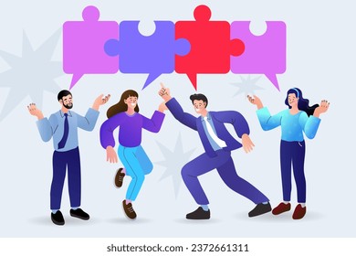 Empresarios reuniendo rompecabezas de rompecabezas y representando el apoyo del equipo. Concepto de trabajo en equipo, cooperación empresarial, trabajo colectivo de proyectos. Ilustración vectorial moderna de color plano.