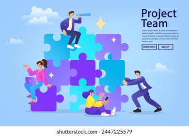 Business people assembling jigsaw puzzle and represent team support. Concept of teamwork, business cooperation, collective project work. business cooperation. Modern flat colorful vector illustration.