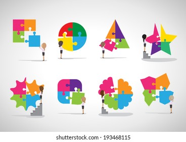 Business People Assembling Puzzles - Isolated On Gray Background - Vector Illustration, Graphic Design Editable For Your Design 