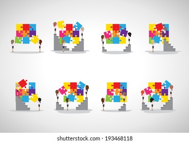 Business People Assembling Puzzles - Isolated On Gray Background - Vector Illustration, Graphic Design Editable For Your Design 