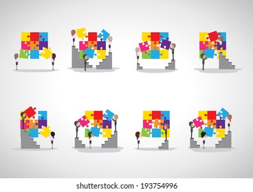 Business People Assembling Puzzles - Isolated On Gray Background - Vector Illustration, Graphic Design Editable For Your Design  