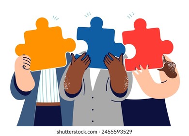 Business people association hides its face behind puzzle pieces, demonstrating its readiness to merge. Women and men participate in professional association for lobby for interests of community