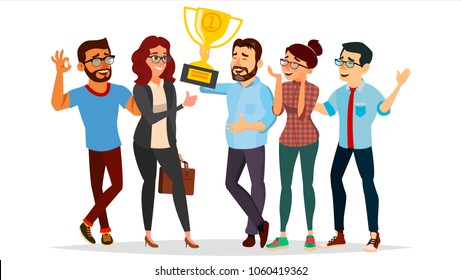 Business People Attainment Vector. Businessman Leader Holding Winner Golden Cup. Modern Office Employee. Isolated Flat Cartoon Character Illustration