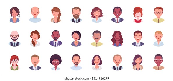 Business people avatar big bundle set. Businessmen and businesswomen face icons, character pic to represent online user in social net. Vector flat style cartoon illustration isolated, white background