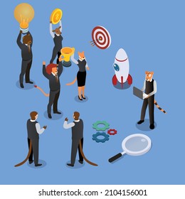 Business people with avatar celebrating isometric 3d vector concept for banner, website, illustration, landing page, flyer, etc.