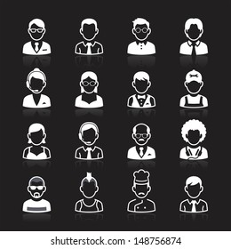 Business people avatar white icons on black background. Vector illustration