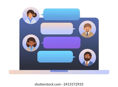 Business people avatars are chatting over laptop. Communication concept flat vector illustration