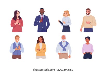 Business people avatars collection. Close-up vector cartoon illustration of people of different ages and ethnicities in office outfits. Isolated on white background