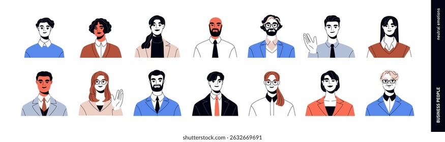 Business people avatars set. Professional male and female portraits. Office workers, entrepreneurs, employees in suits, glasses, user profiles. Flat vector illustration isolated on white background.