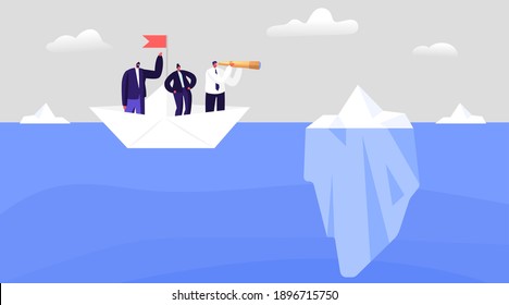 Business People Avoid Hidden Danger, Crisis, Bankruptcy. Dangerous Risk Concept. Business Characters on Paper Boat Looking in Spyglass on Huge Iceberg in Sea, Adventure. Cartoon Vector Illustration