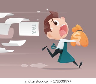 Business people avoid taxation, The merchant cartoon running away from tax. Face mask out of stock, Flat character illustration design
