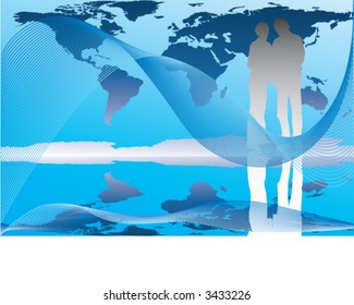 business people with background of world map and abstract wave , vector