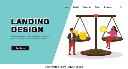 Business people with balance scales, bitcoin vs dollar. Person trading or buying crypto currency flat vector illustration. Stock crypto market concept for banner, website design or landing web page