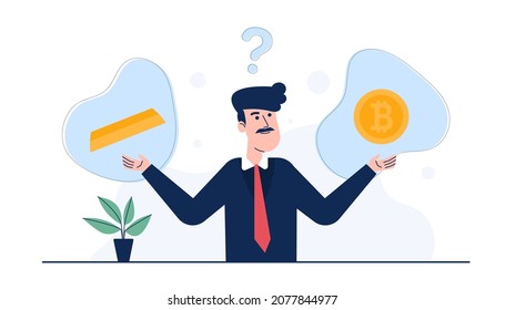 Business people with balance scales gold VS cryptocurrency concept. The businessman weighed in his mind whether to invest in gold assets or cryptocurrencies. 