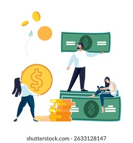 Business people. Bank, presentation of accumulation of finances, design, gold coins, loan. Businessmen with dollar bills, workers do income calculation. Analytics business, money. Vector illustration