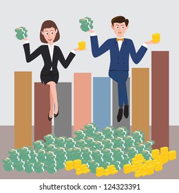 Business people with banknotes and solid gold bars in hands, and a financial background. Vector 10 EPS.