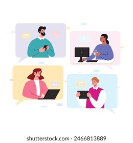 Business people banner. Characters working in the office, at home office. Talking colleagues, planning business schedule and work tasks, discussing business issues, developing ideas. Flat vector 