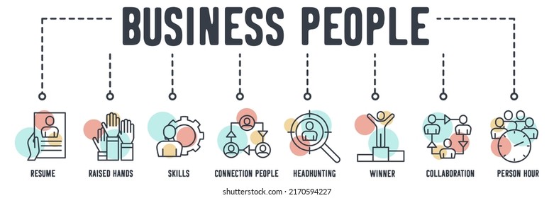 Business People banner web icon. resume, raised hands, skills, connection people, headhunting, winner, collaboration, person hour vector illustration concept.