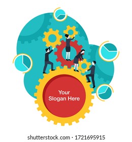 Business people banner - working team with gears and place for slogan inside cog wheel - corporate management and working process conceptual illustration - vector concept