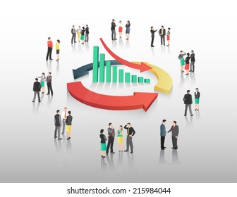 Business people with bar chart and arrows on grey background