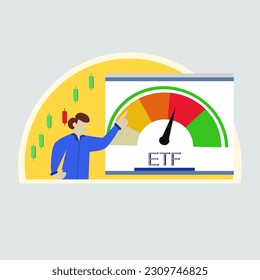 business people bar chart and charts depicted in yellow semicircles with tex "ETF" (Exchange Traded Fund)  .
Concept Entering the Digital Money Fund.