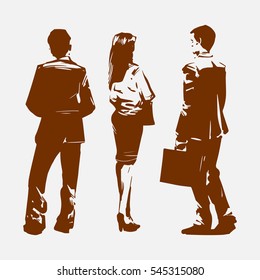 Business people from behind, back view, silhouette, concept, team, sketch style, vector illustration