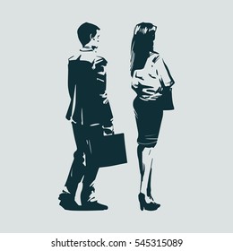 Business people from behind, back view, silhouette, concept, team, sketch style, vector illustration