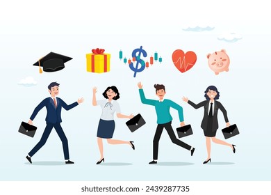 Business people with benefits, scholarship, bonus, salary increase and health insurance, employee benefits and compensation for staff advantage, reward or bonus payment to motivate employee (Vector)