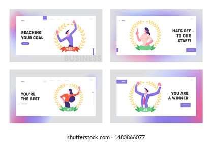 Business People Best Worker Website Landing Page Set. Businessman Woman Demonstrate Muscles Inside of Gold Award Wreath with Ribbon. Successful Result Web Page Banner. Cartoon Flat Vector Illustration