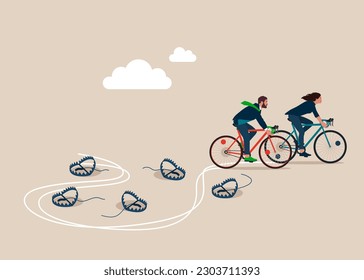 Las personas de negocios con bicicleta pasan muchas veces la trampa de los osos de acero para lograr el éxito de los negocios. Evitar el sufrimiento y el fracaso empresarial. Ilustración vectorial plana