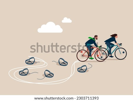 Business people with Bicycle  pass many steel bear trap to achieve business success. Avoid pitfall, and business failure. Flat vector illustration