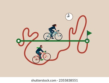 Las personas de negocios con bicicleta pasan por un camino recto y fácil y otras en un camino difícil. Una manera fácil o atrevida de alcanzar el éxito o el camino duro y el obstáculo. Ilustración vectorial de flancos