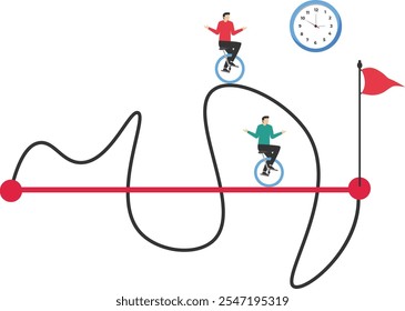 Business people with Bicycle pass on straight easy way and other on hard messy path.Easy or shortcut way to success or hard path and obstacle. Flay vector illustration

