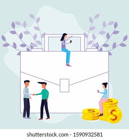 Business people with big bags, shaking hands, sitting on piles of coins and flowers. Financial consultant, successful business and economic growth. Modern vector illustration