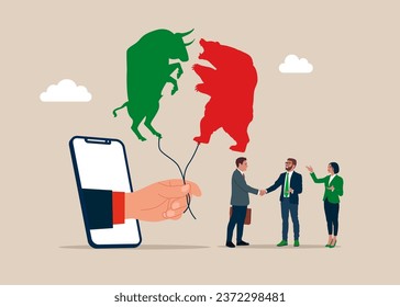 Business people and big hand with phone holding balloon bull and bear.  Vector illustration