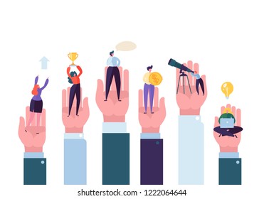 Business People in the Big Hands Reaching the Goal. Helping Hand Assistance and Support Concept. Successful Business Characters. Vector illustration