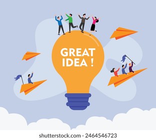 Business people with big light bulb great Idea 2d flat vector illustration